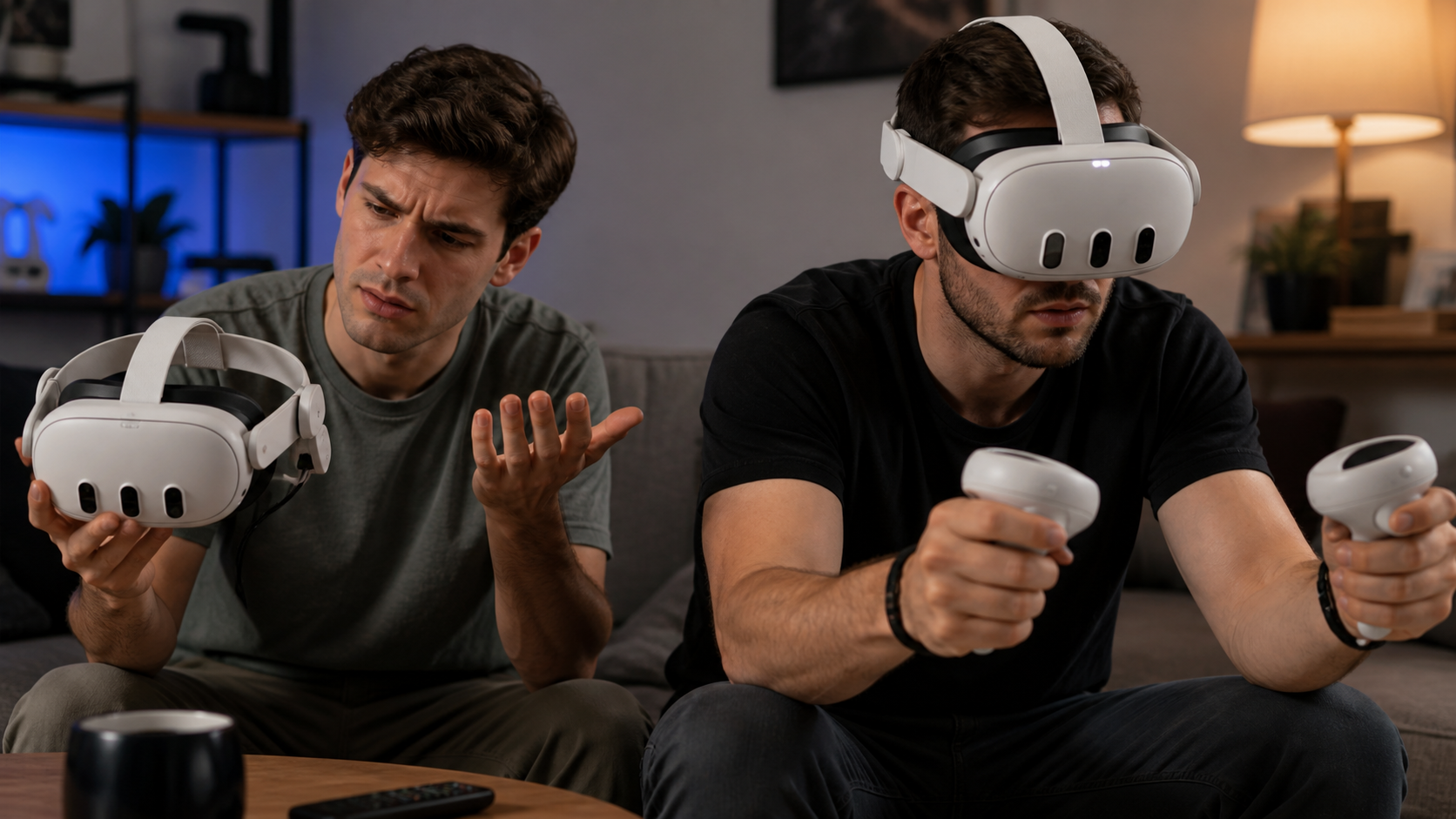 One person looking confused by a VR headset while another experienced user next to them looks intently focused