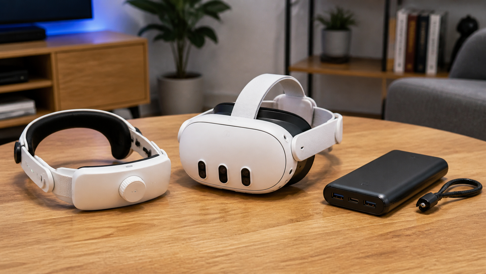 A Quest headset on a table with a battery head strap on one side and a separate power bank on the other