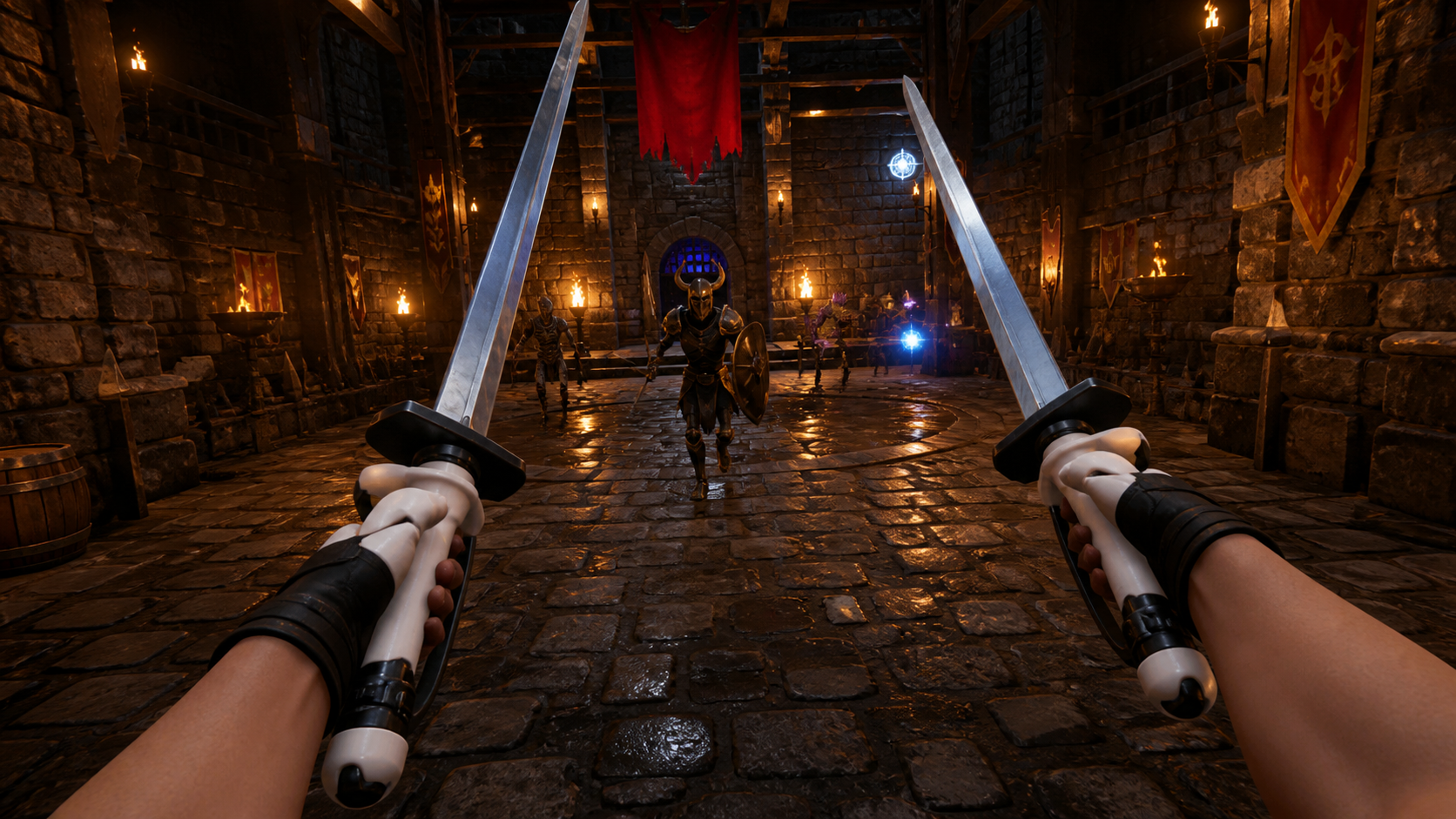 A first-person view of a VR player dual-wielding sword attachments in a fantasy game environment.