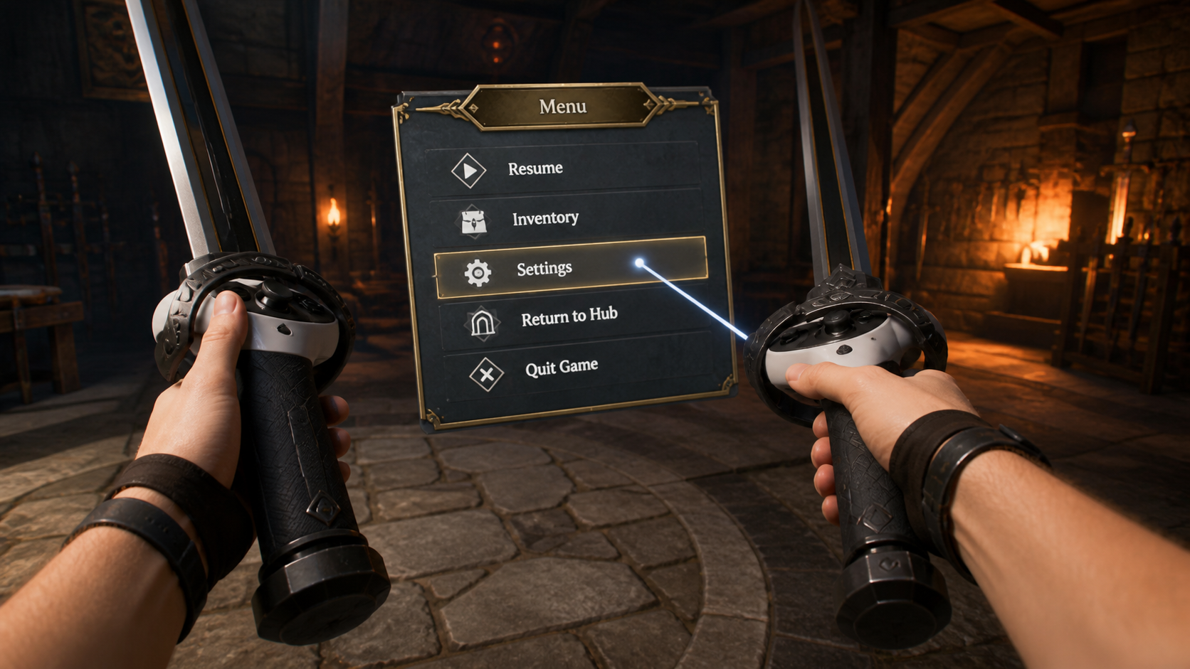 A player's hands with VR sword attachments trying to select an option on an in-game floating menu.