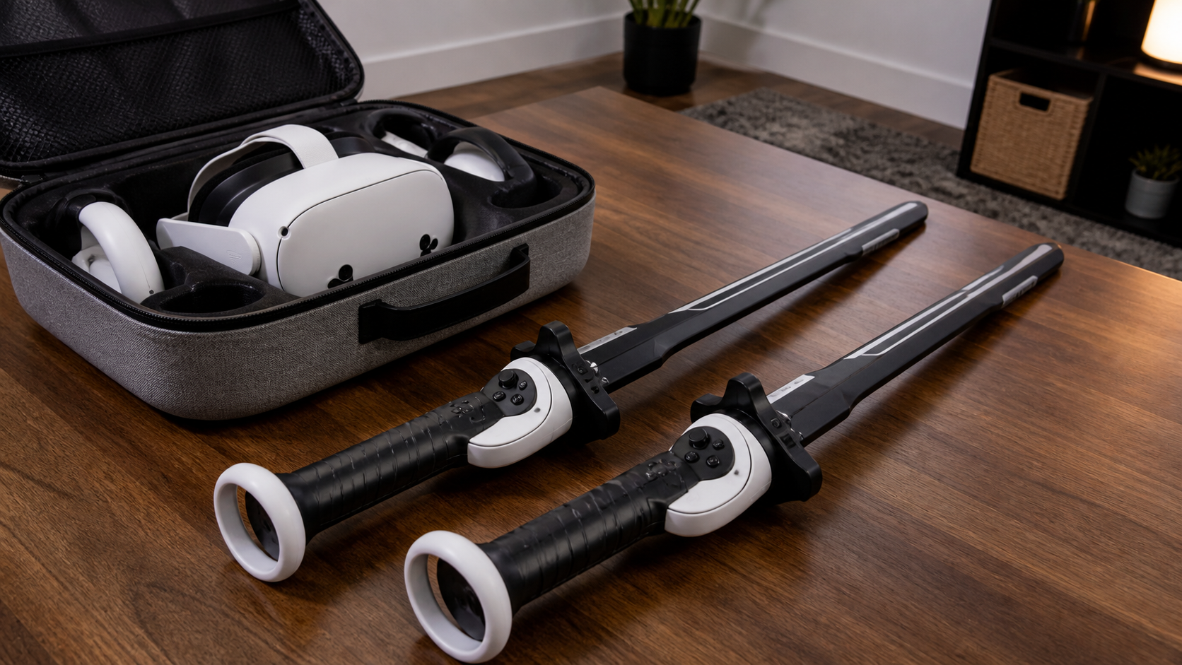 A pair of VR sword attachments lying beside a Meta Quest carrying case, clearly too large to fit inside.