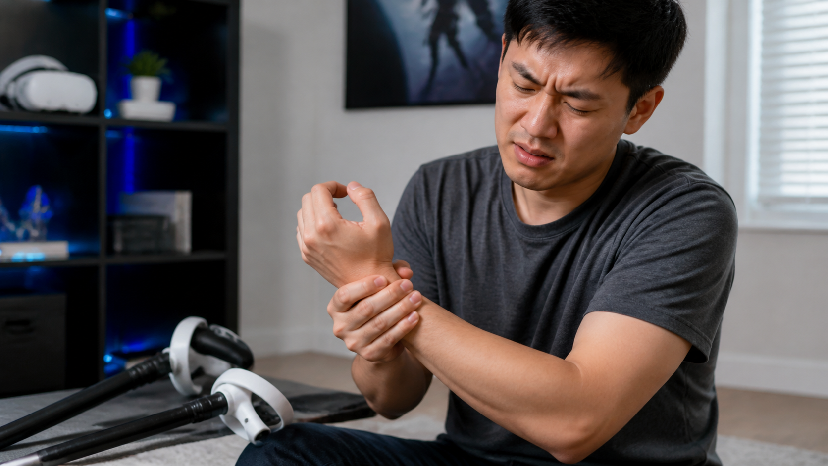 A person rubbing their wrist with a pained expression after playing a VR game with heavy controller attachments.