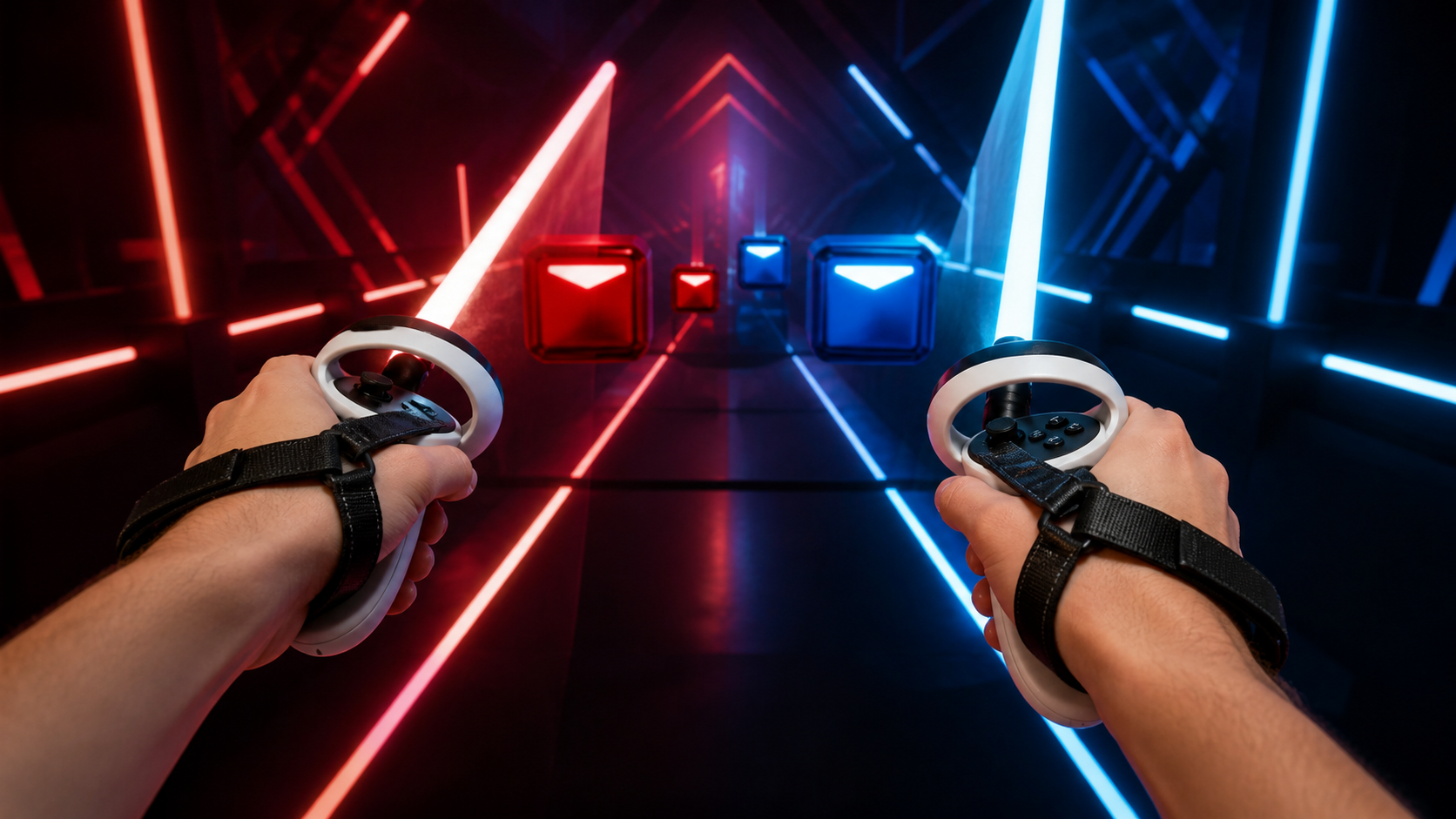 First-person view of hands securely holding VR controllers with knuckle straps while playing a rhythm game.
