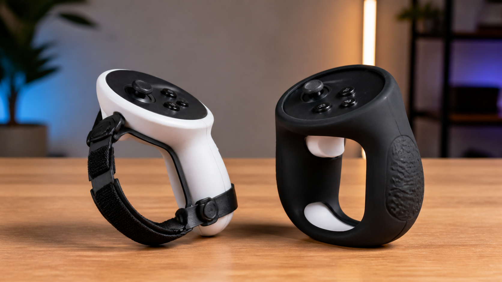 A minimalist knuckle strap grip next to a full silicone controller cover for comparison.