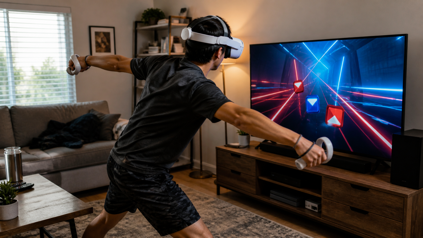 A VR player swinging their arms widely in a small living room, dangerously close to a TV.