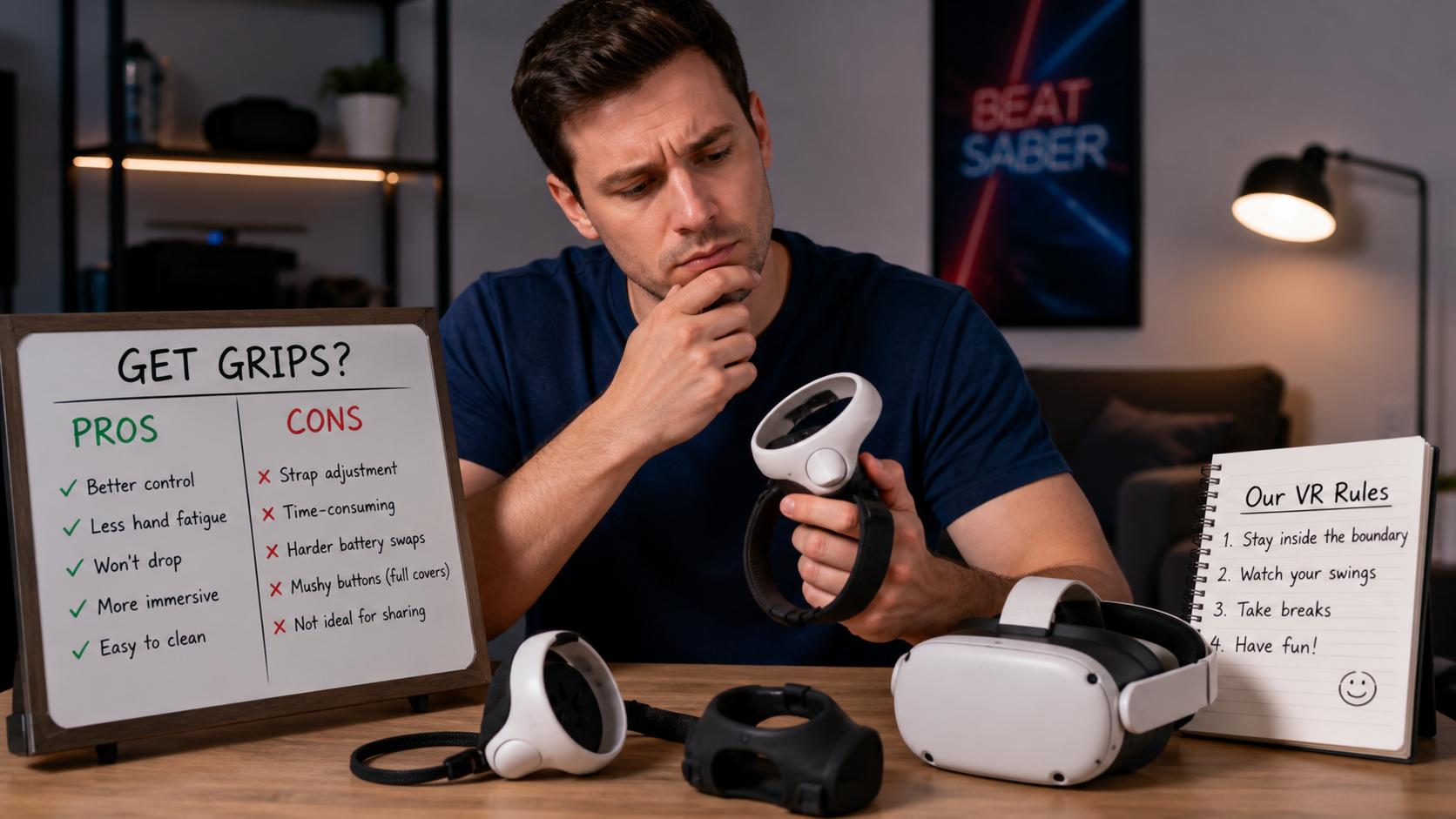 A VR player deciding whether to install a controller grip, weighing the pros and cons for family use.