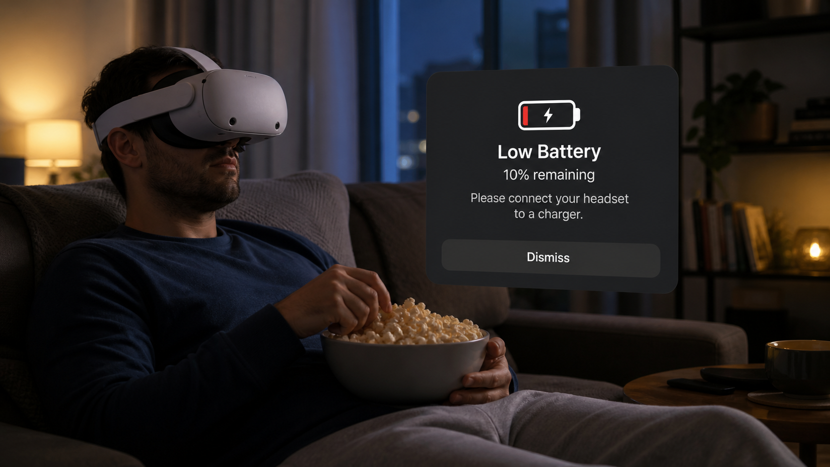 A person watching a movie in a VR headset getting a frustrating low battery notification