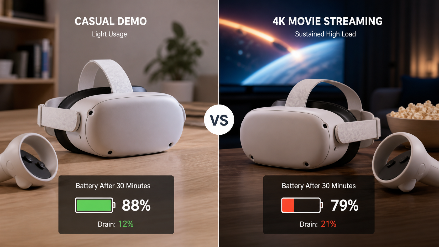 A side-by-side comparison of a VR headset battery draining slowly during a casual demo versus quickly during a movie
