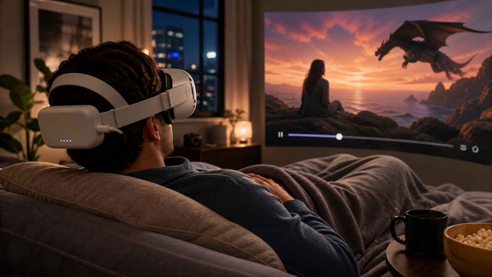 A user comfortably lying back watching a movie with a VR headset that has an integrated battery head strap