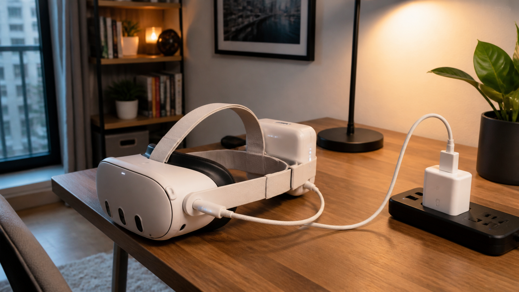 A Quest headset and battery pack charging safely on a wooden desk in a tidy, small apartment