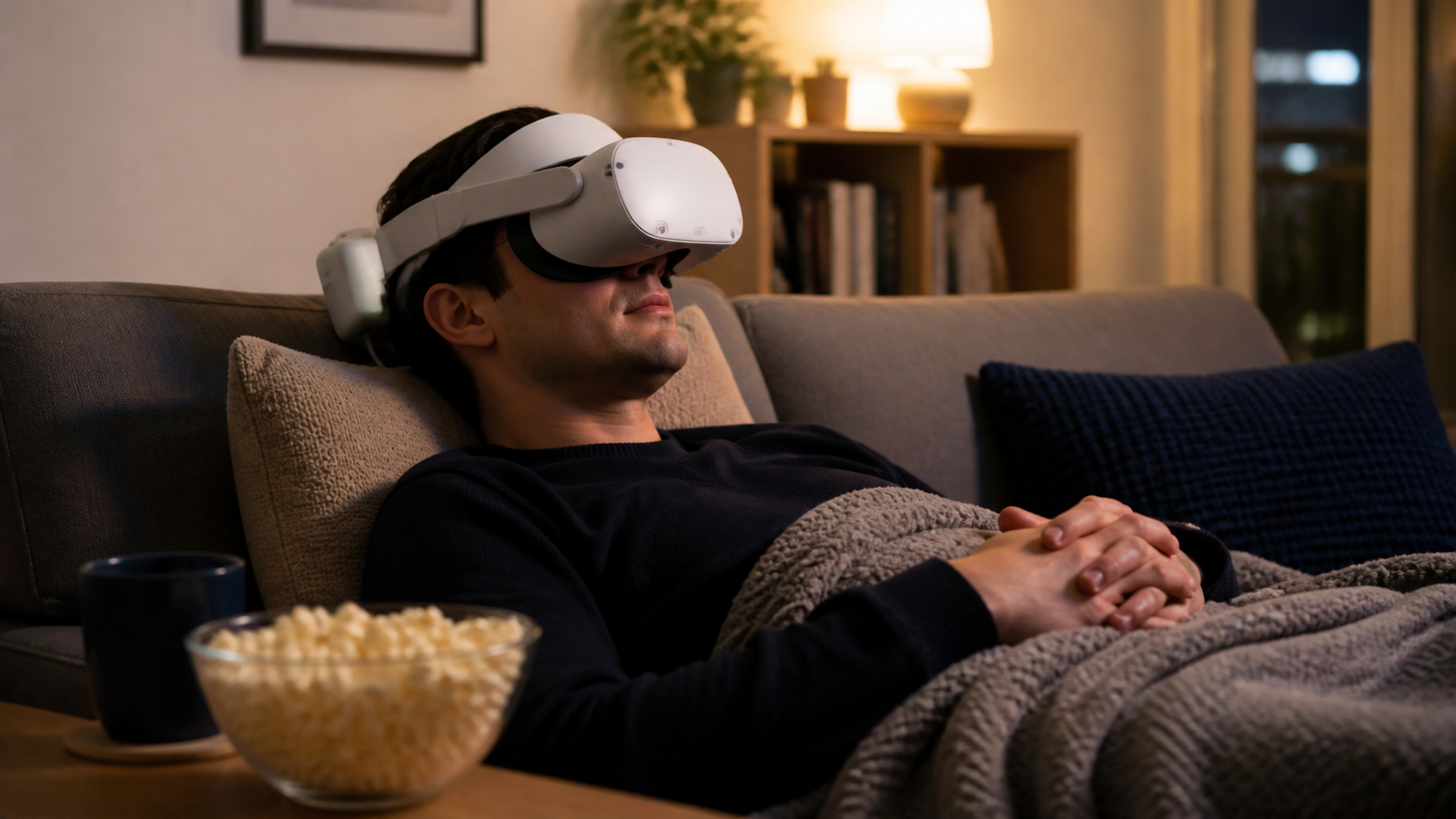 A relaxed person on their couch, deep into a VR movie with hours of battery life left