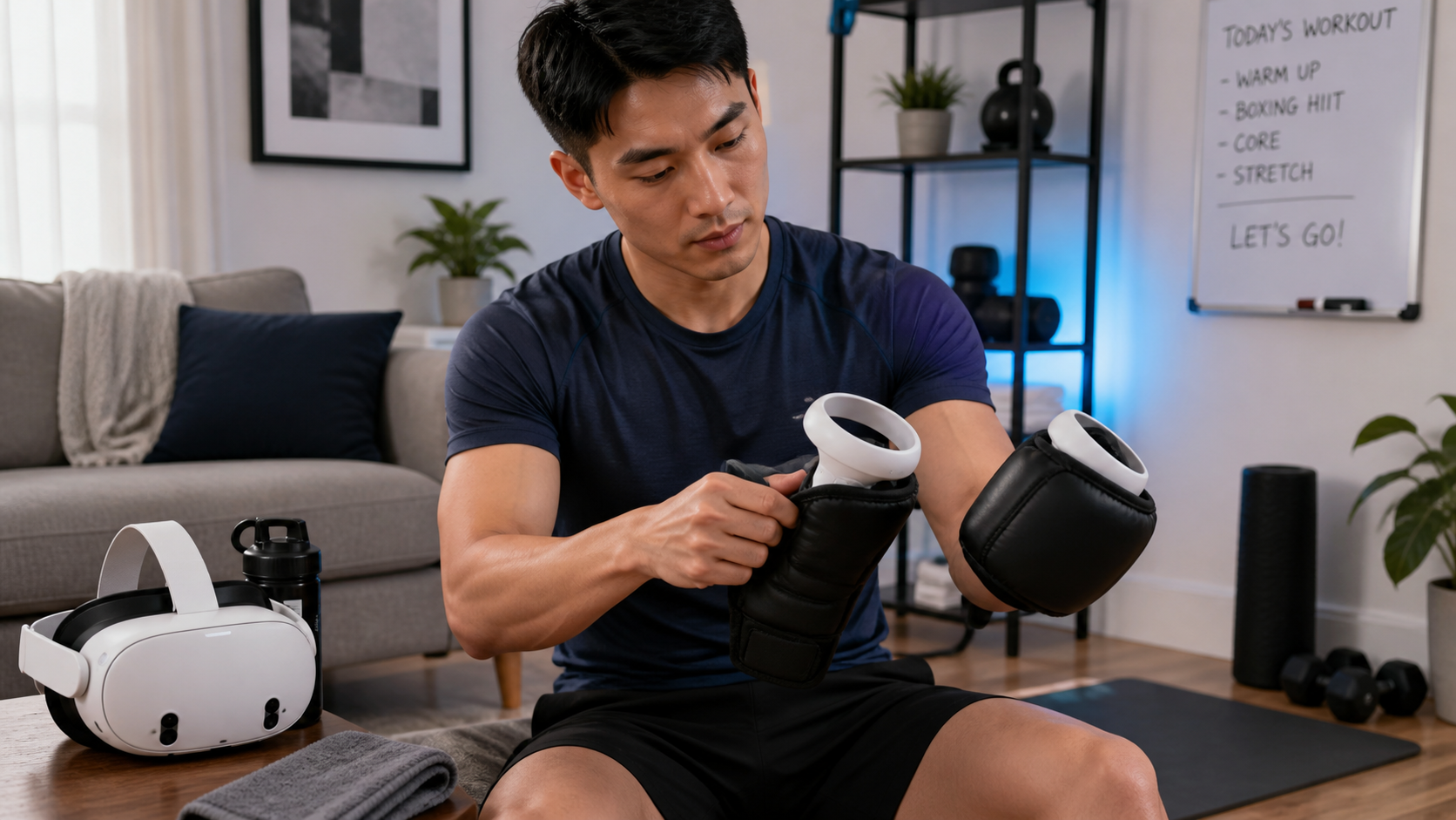 A person in their living room putting on VR boxing gloves over Meta Quest 3S controllers before a workout