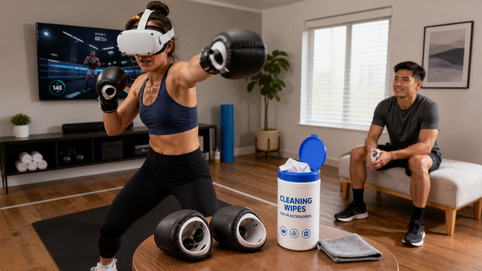 One person boxing in VR while another waits their turn, with cleaning wipes visible on a nearby table