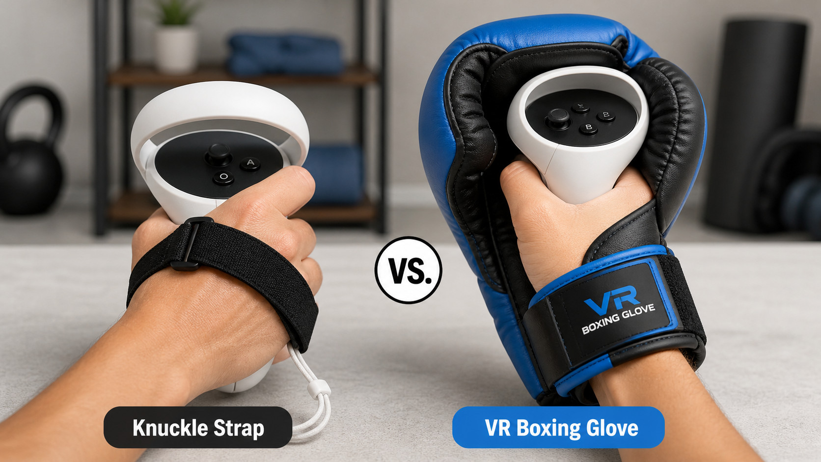 A side-by-side comparison of a controller with a basic knuckle strap and another fitted into a VR boxing glove