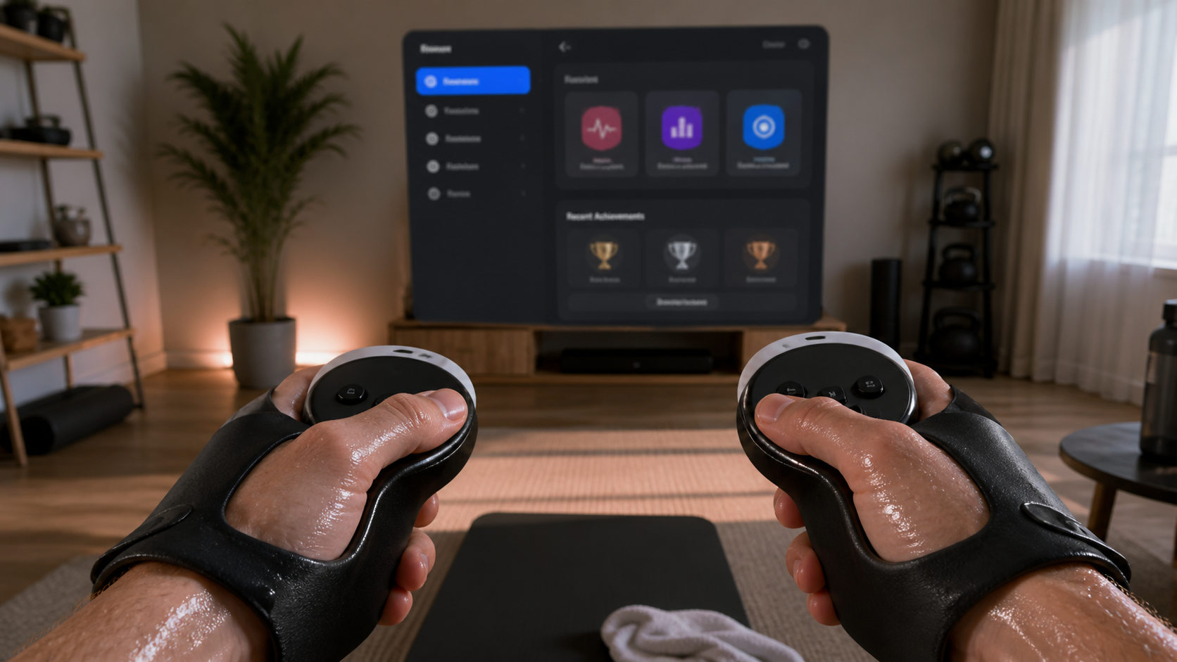 First-person perspective of sweaty hands holding VR controllers while trying to use the in-headset menu after a workout