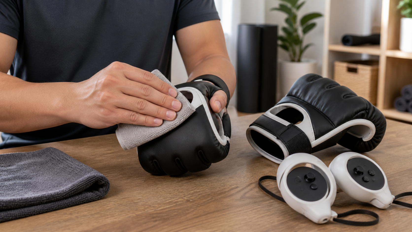 A person easily wiping down their VR boxing gloves with a cloth, with the clean controllers sitting beside them