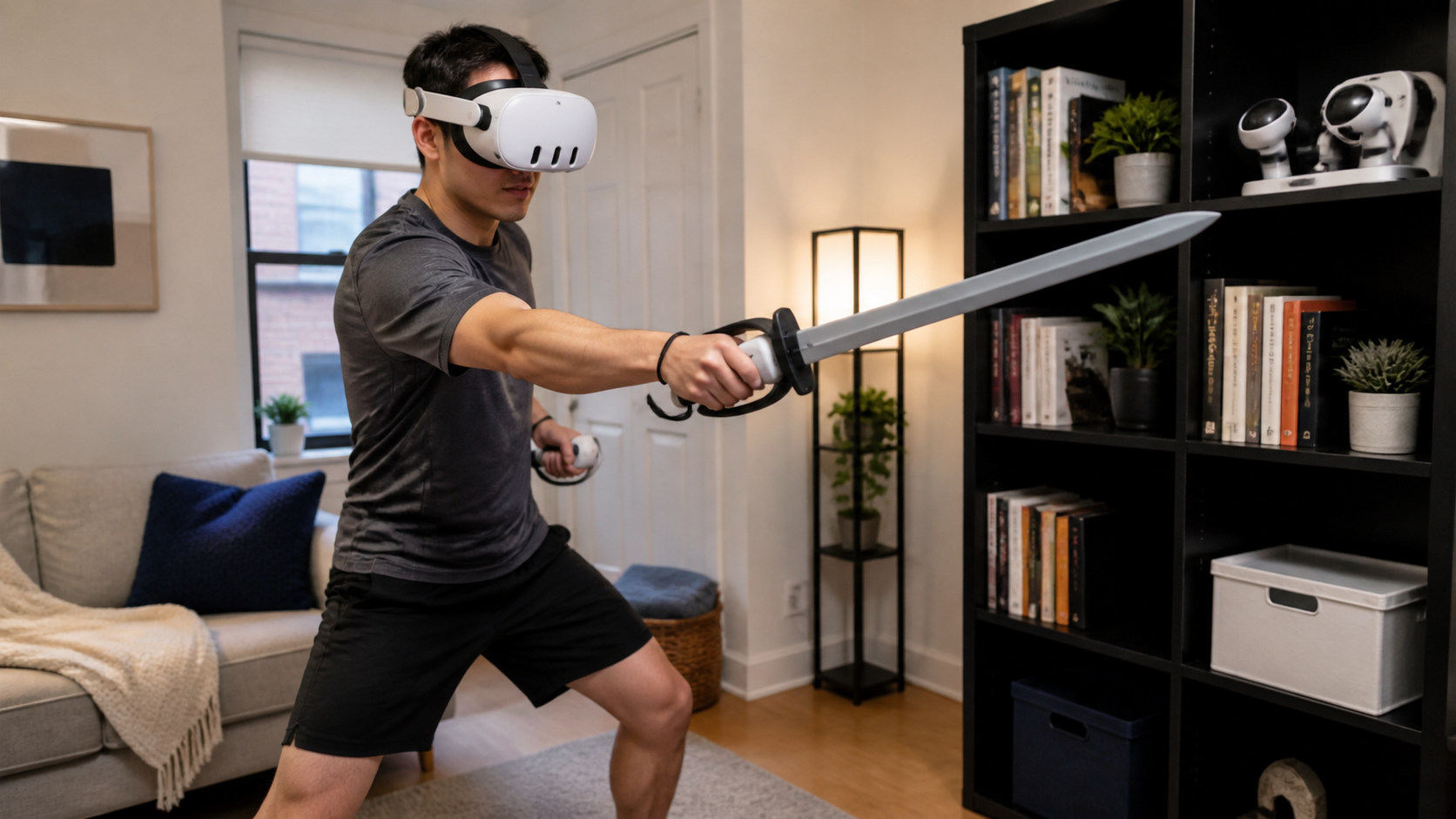 Quest 3 user in a small living room carefully swinging a VR sword accessory near a bookshelf