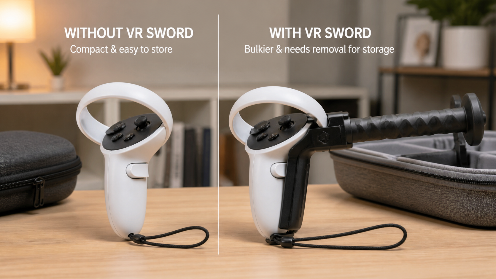 Side-by-side photo showing a Quest Touch Plus controller with and without a VR sword accessory for storage comparison