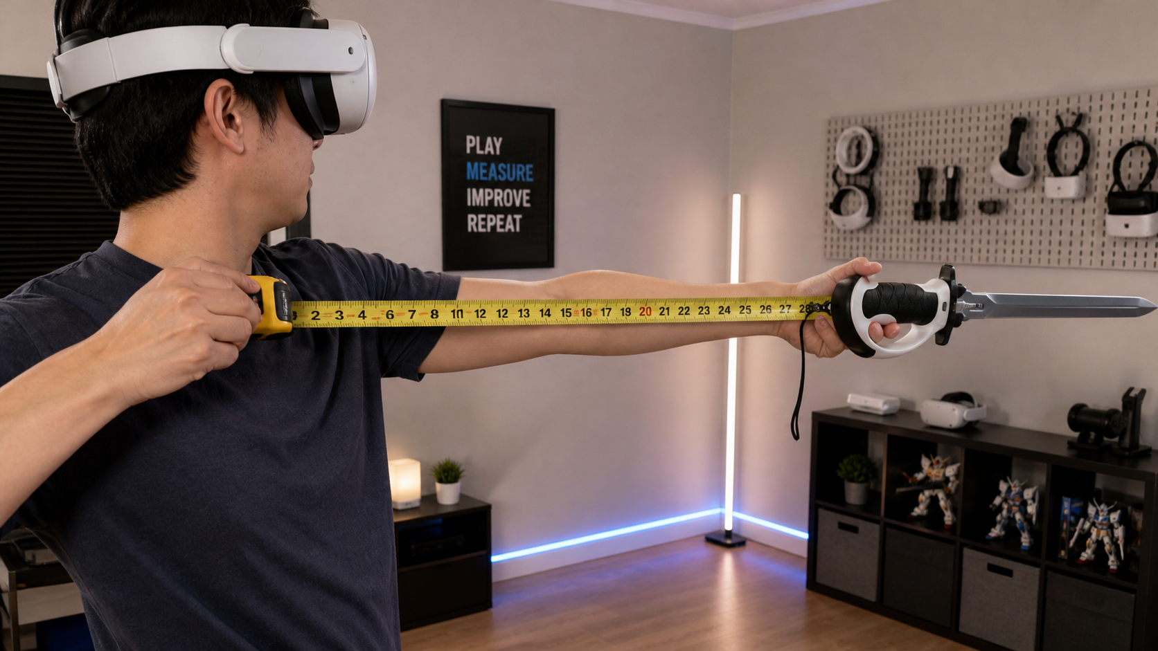 A person using a tape measure to check the swing radius of a VR sword controller setup