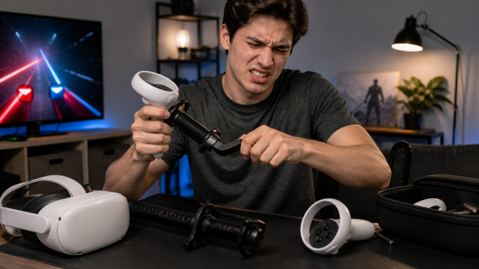 A gamer looking frustrated while trying to switch from a sword game to another VR game