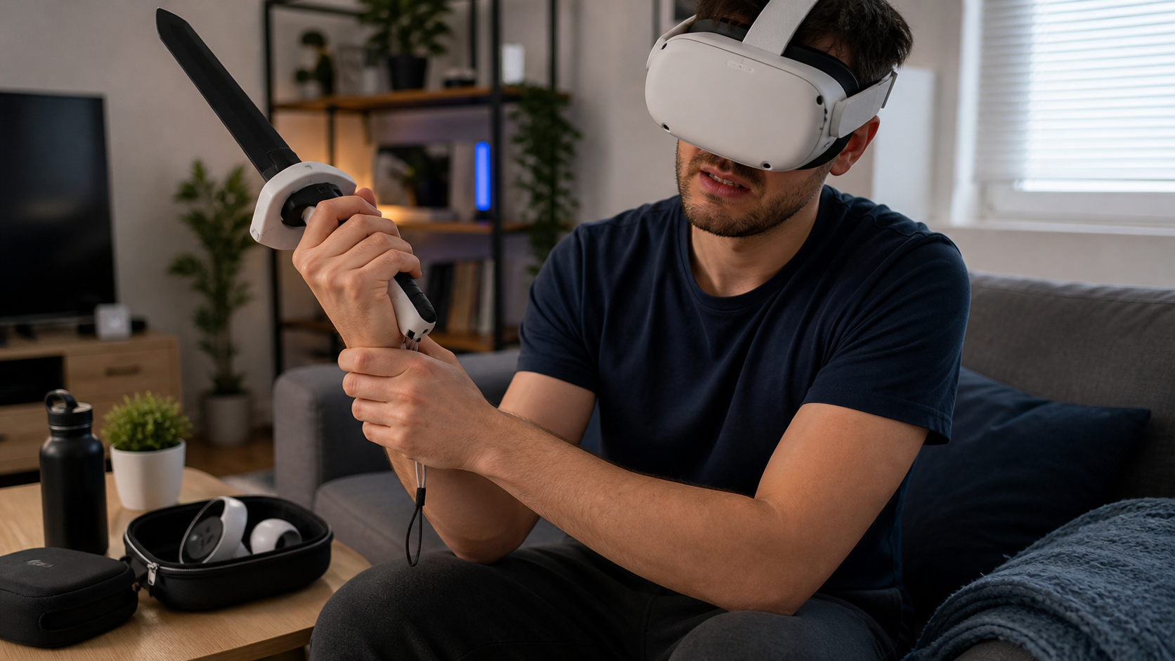 A VR player rubbing their wrist after a short gaming session with a heavy sword accessory