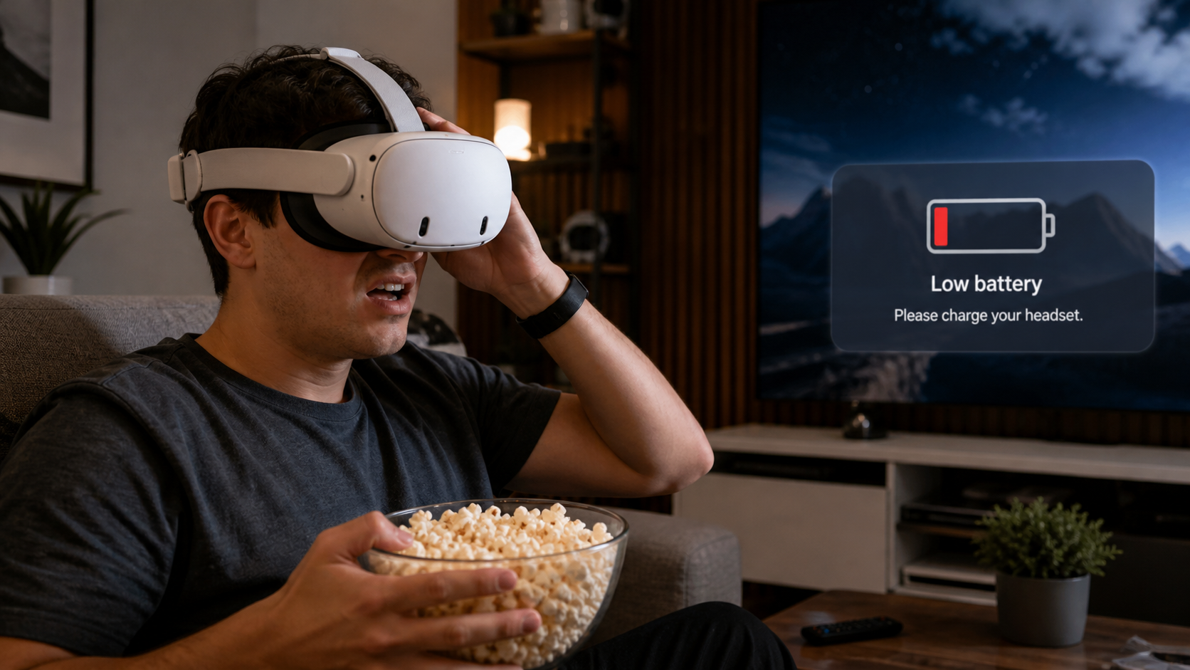 A frustrated VR user in their living room sees a low battery warning icon pop up mid-movie.