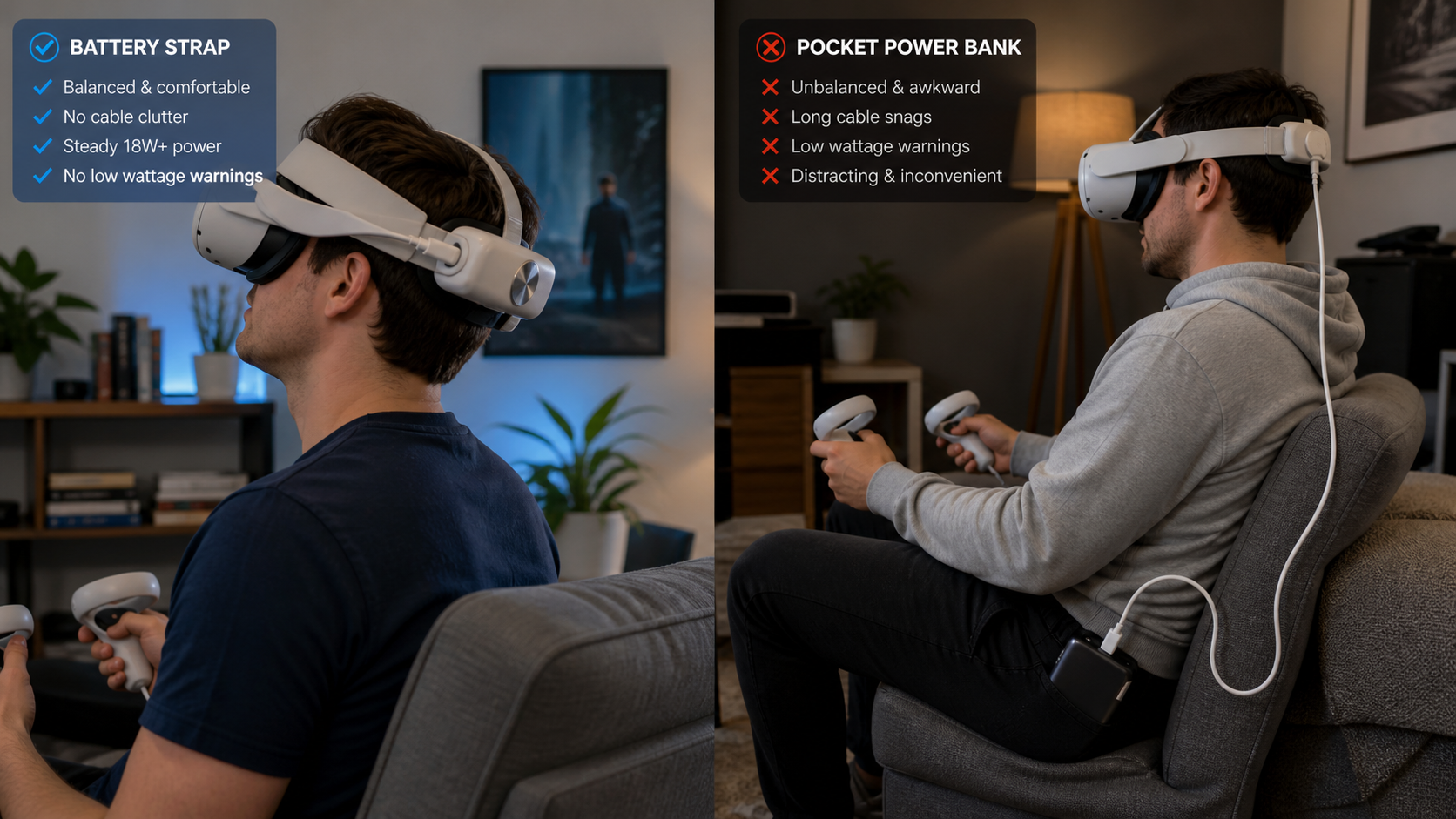 A VR user with a clean battery strap setup compared to a user struggling with a long cable from a pocket power bank.