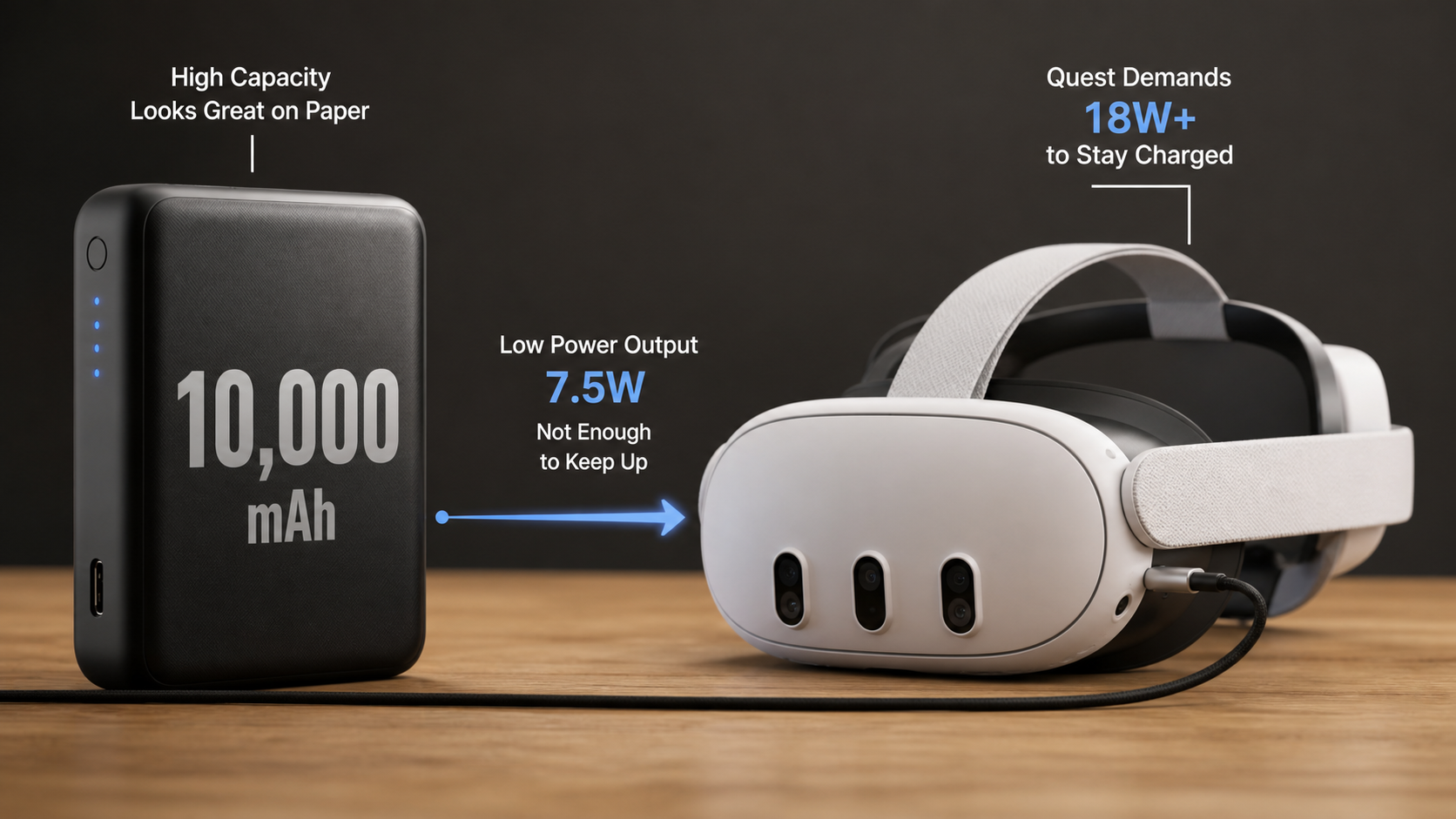 A graphic shows a power bank with a large 10,000 mAh label but a tiny wattage arrow pointing to a VR headset.