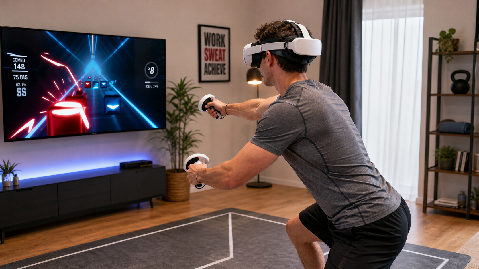 A person in their living room is fully engaged in a VR fitness game, wearing a headset with a secure battery strap.