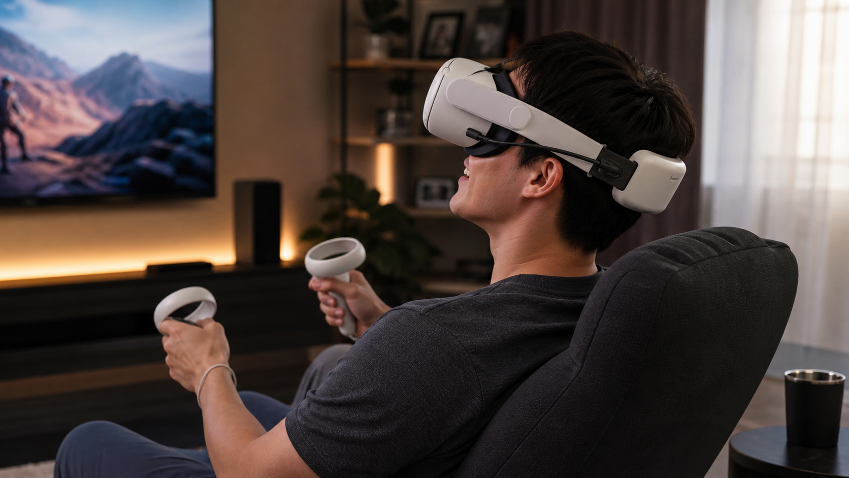 A Quest user enjoying a long VR session, with a focus on the integrated and seamless battery strap at the back of their head.