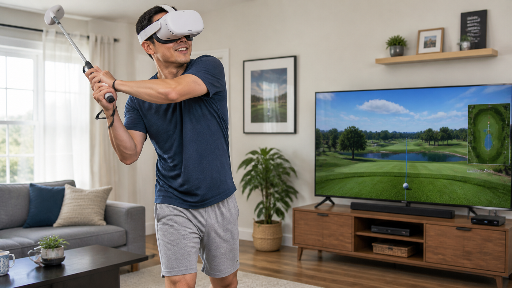 A parent comfortably swinging a VR golf club attachment in a living room, smiling while wearing a headset.
