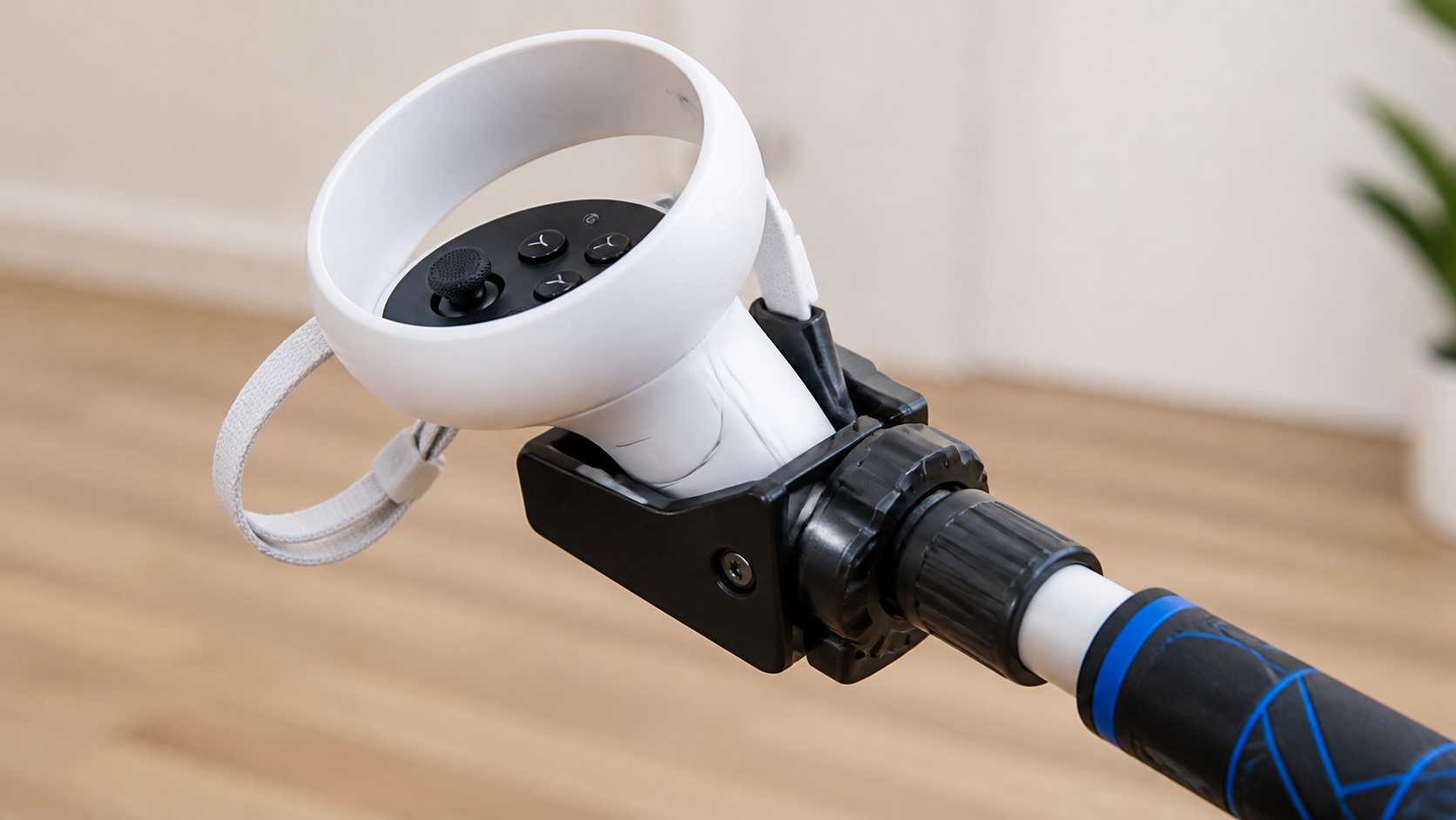 Close-up view of a Quest Touch Plus controller securely mounted onto a VR golf club accessory.
