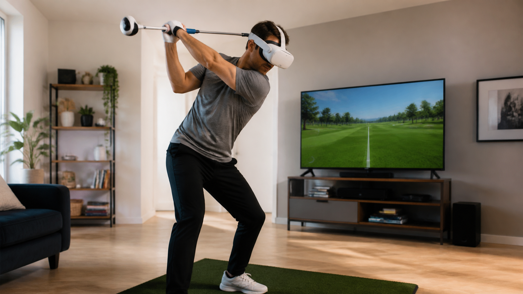 A player in mid-swing with a VR golf club attachment, showing confident and secure movement during practice.