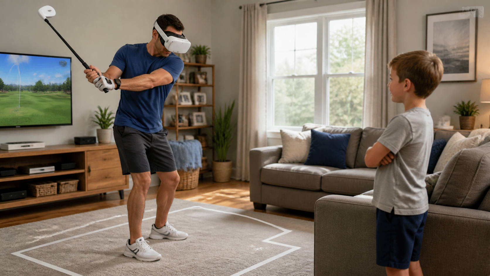 A family in their living room, with a parent carefully using a VR golf attachment while a child watches.