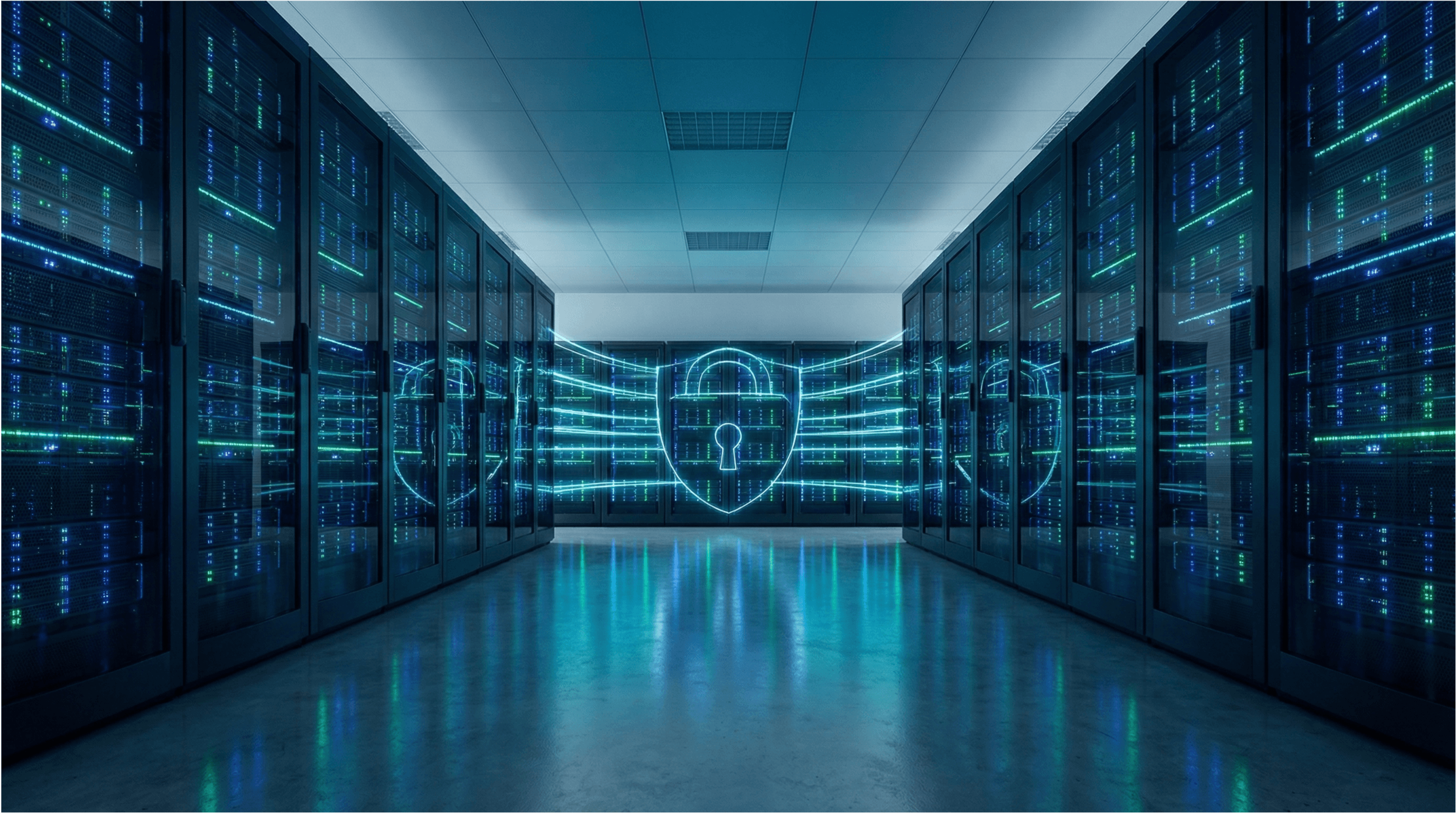 Image showing data centers secured by a lock representing the importance of securing data for generating predictive analytics