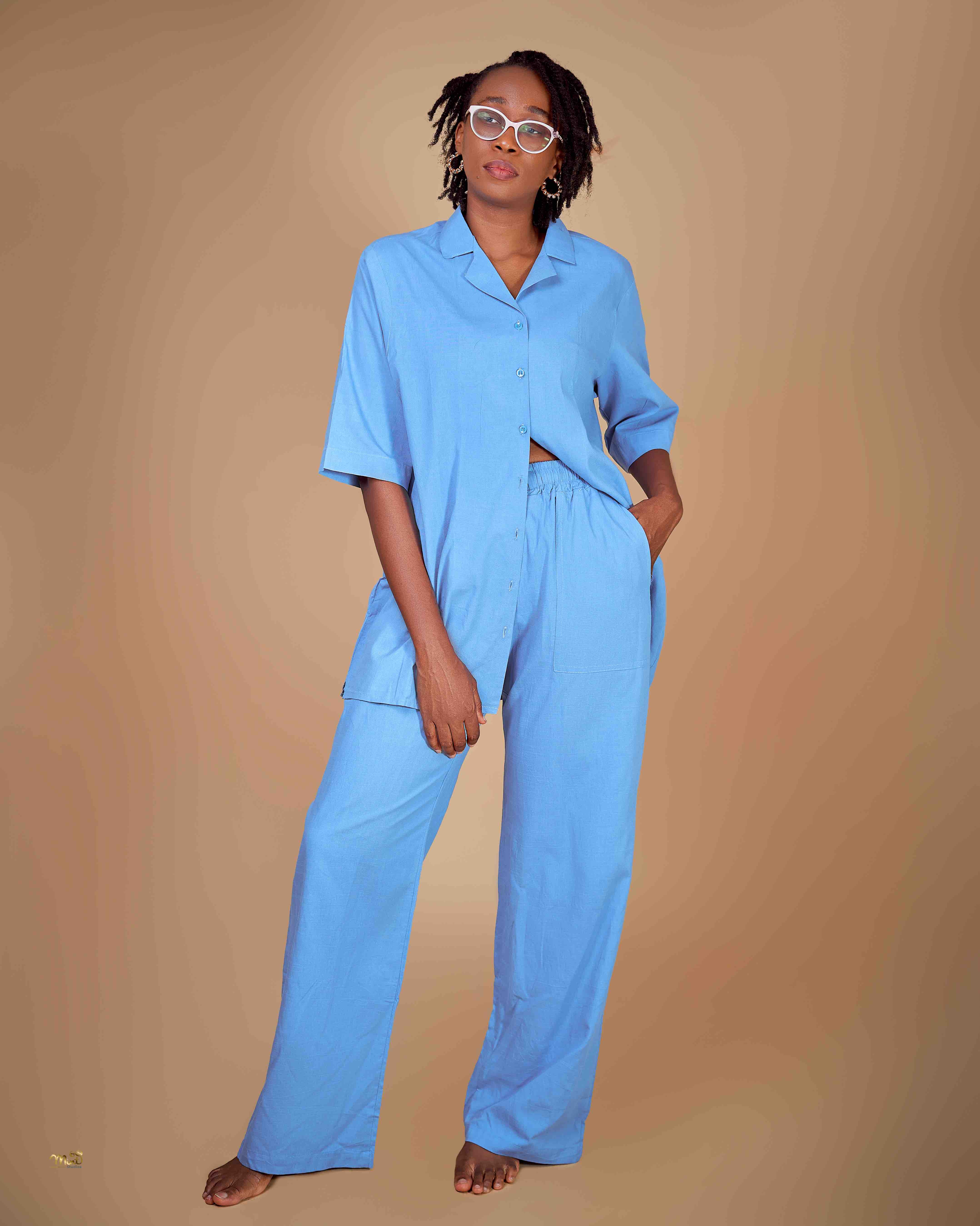 Oversized look Linen Pant Set - Sky Blue