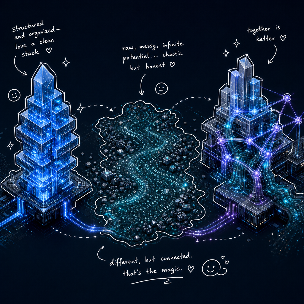 Conceptual illustration comparing data warehouse, data lake, and data lakehouse architectures as three connected futuristic structures with glowing data flows