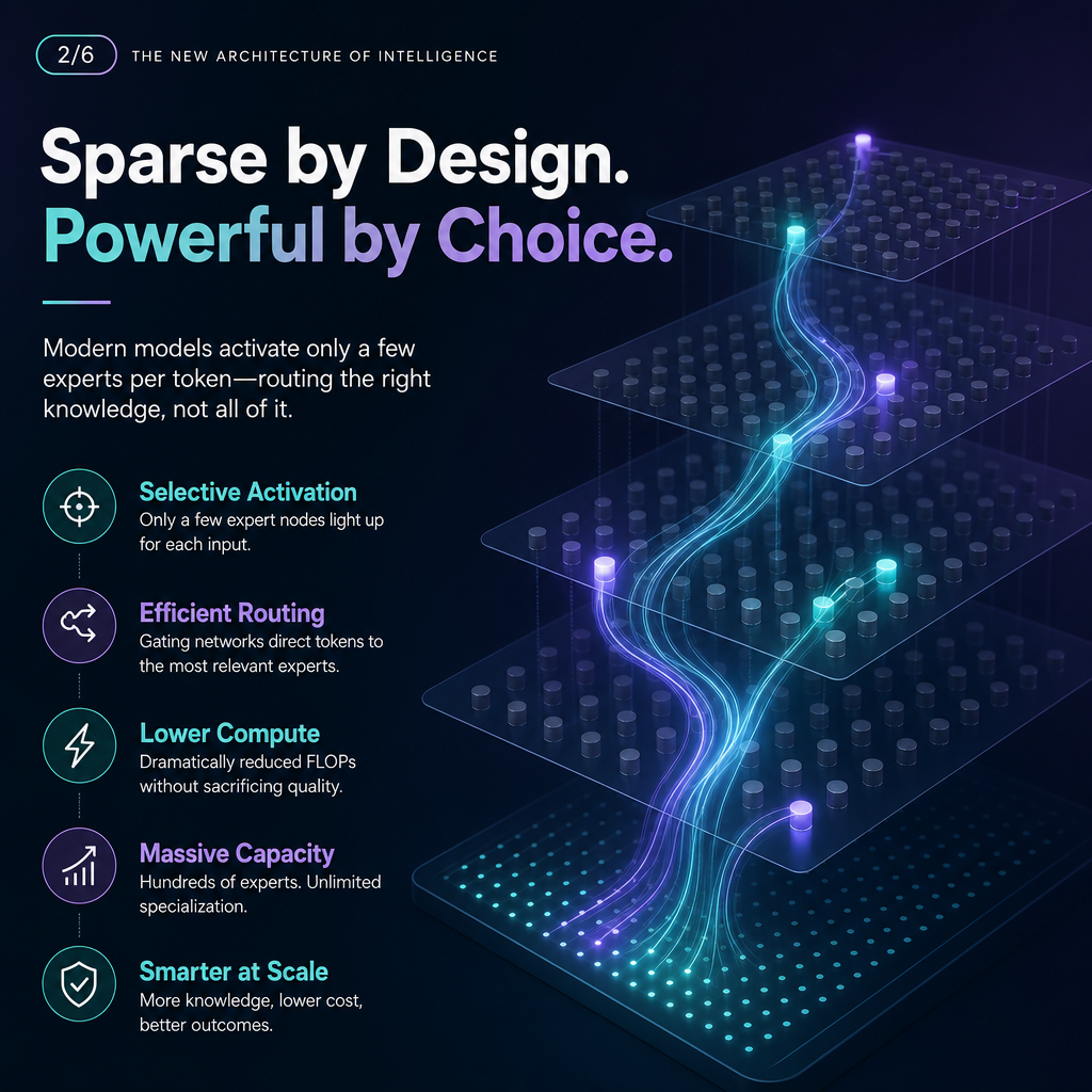 Abstract neural network with a few active glowing expert nodes among many dim ones, illustrating sparse mixture-of-experts architecture