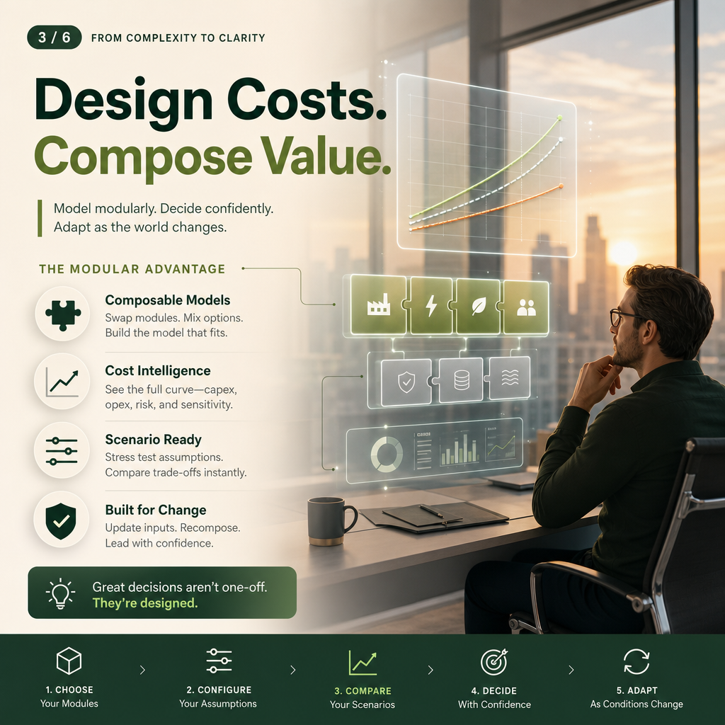 Professional at a desk reviewing holographic cost curves and modular swappable AI components, representing practical enterprise decisions