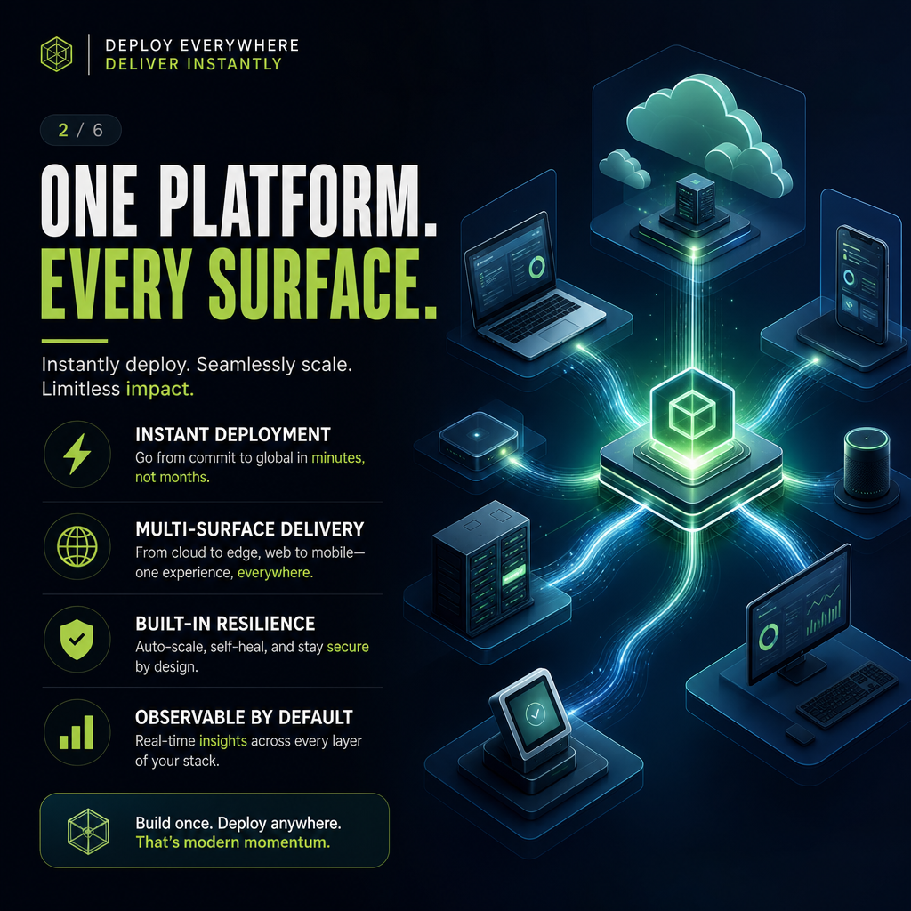 Central glowing hub connected to multiple cloud and device nodes representing wide deployment