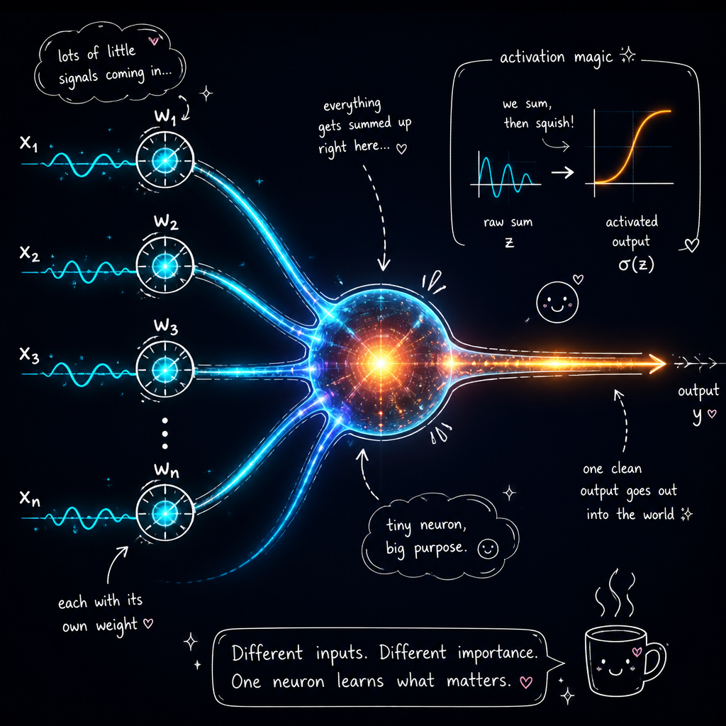 Illustration of an artificial neuron receiving weighted inputs and producing an output through an activation function