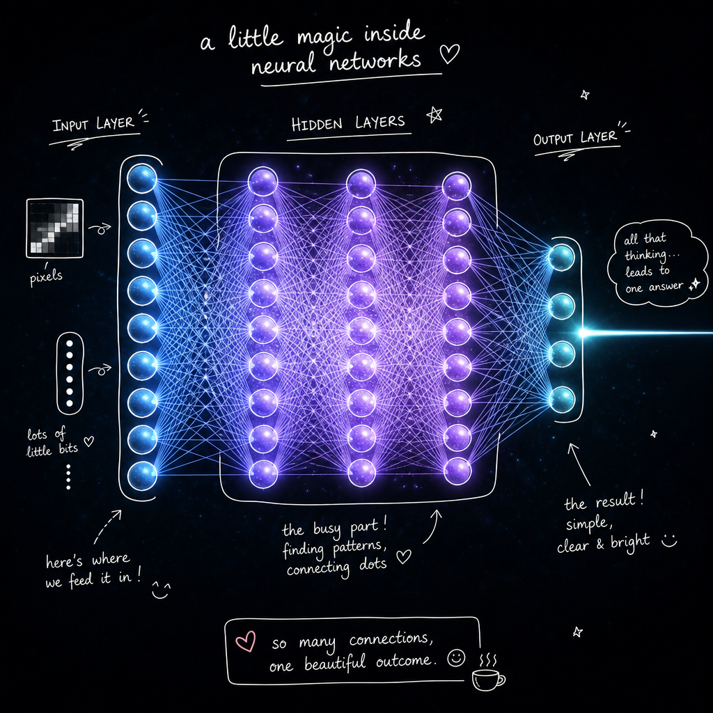 Diagram-style illustration of a neural network with input, hidden, and output layers connected by glowing pathways