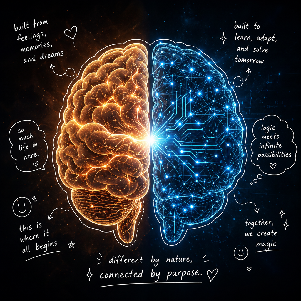 Split illustration comparing a biological brain with neural pathways to an artificial digital neural network