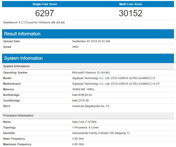 Performa Intel Core i7-9700k