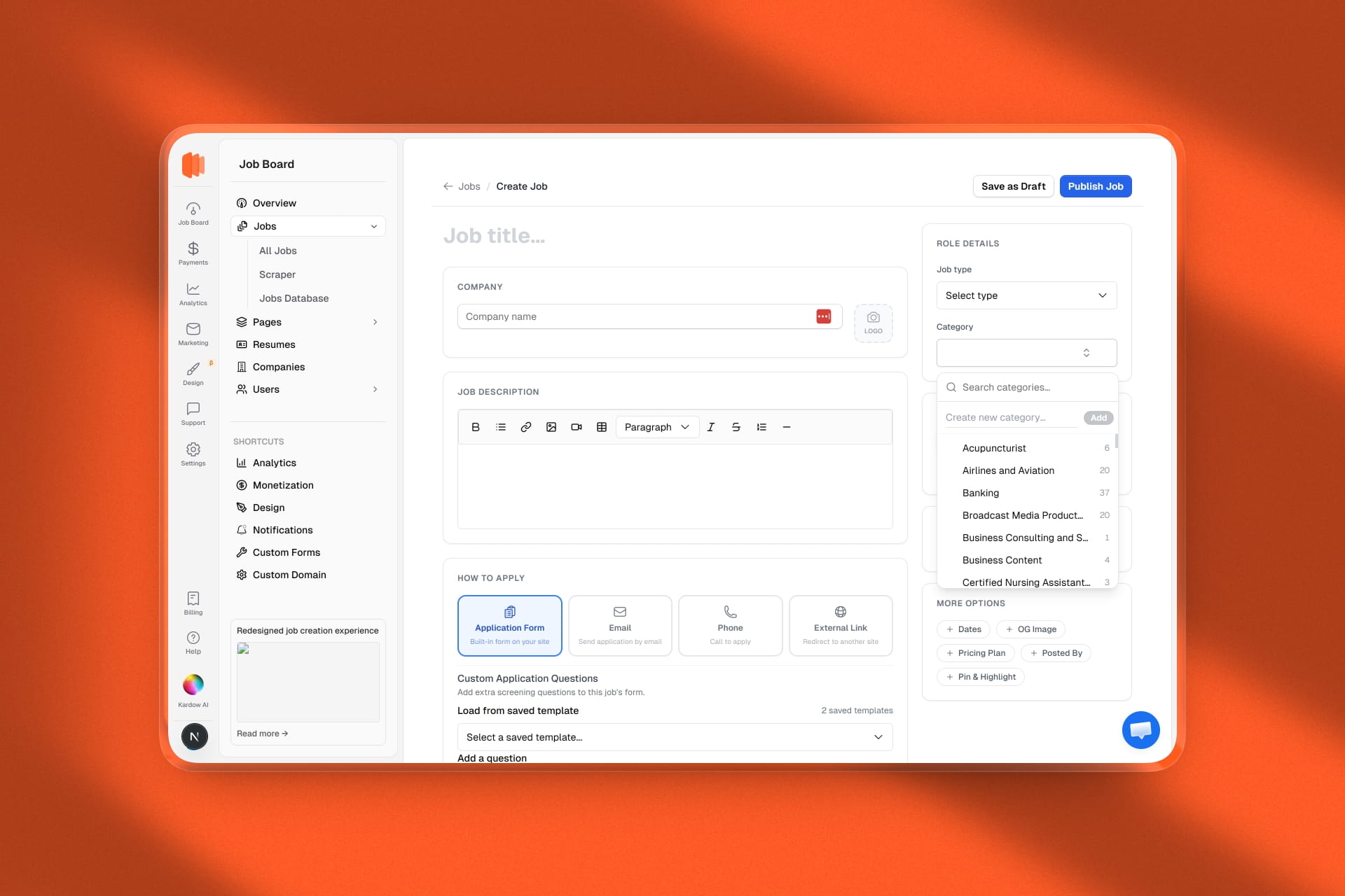 Redesigned job creation experience