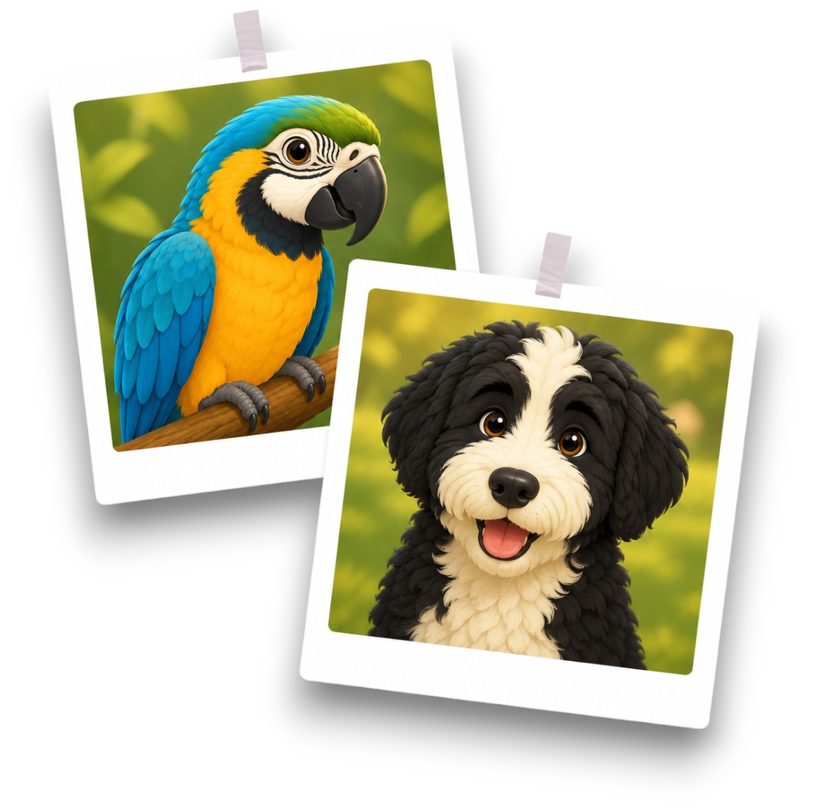Polaroid photos of a parrot and dog