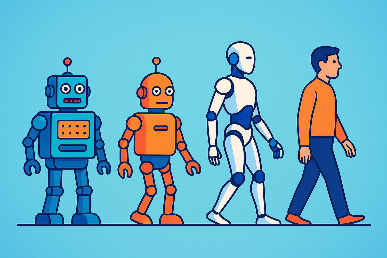 Timeline showing the evolution of robotics from ancient automatons to modern AI-powered robots and humanoid machines