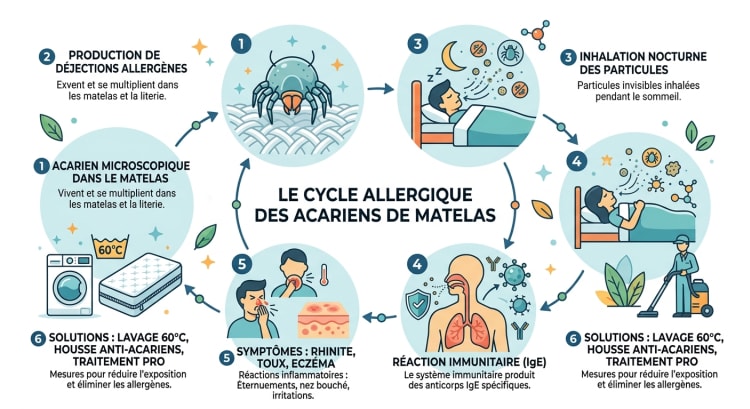 Infographie du cycle allergique des acariens de matelas : de la production d'allergènes aux symptômes respiratoires et cutanés, avec les solutions de traitement efficaces