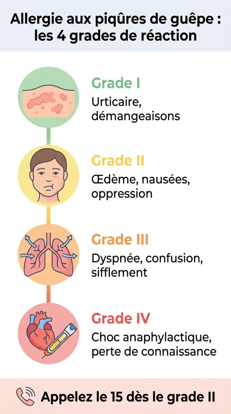 Infographie des 4 grades de réaction allergique aux piqûres de guêpe selon l'échelle de Müller, du grade I (urticaire) au grade IV (choc anaphylactique), avec code couleur progressif et indication d'appeler le 15 dès le grade II