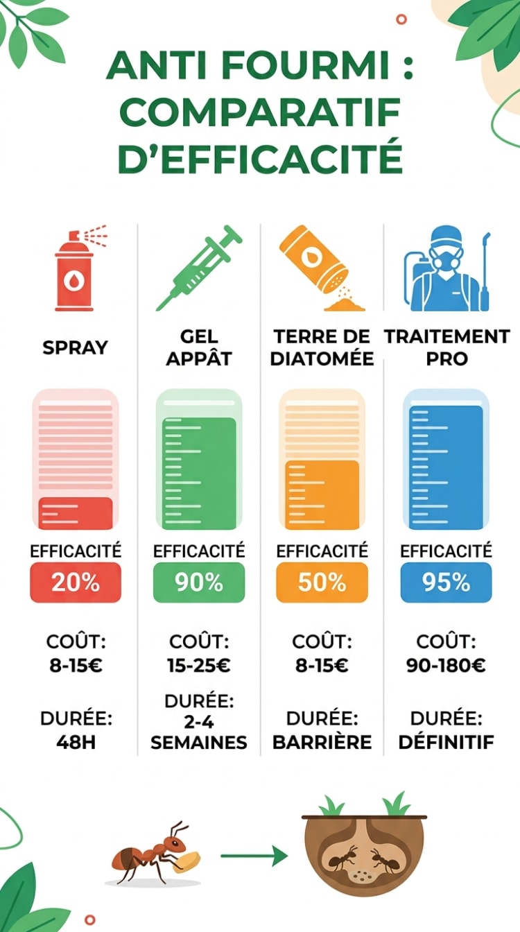 Infographie comparant l'efficacité des anti fourmis : spray 20%, gel appât 90%, terre de diatomée 50%, traitement professionnel 95%, avec prix et durée d'action pour chaque méthode